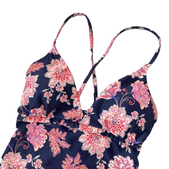 Old Navy Floral Halter V-Neck Ruffle Cross-Back Tankini Large Blue Floral - Picture 4 of 10